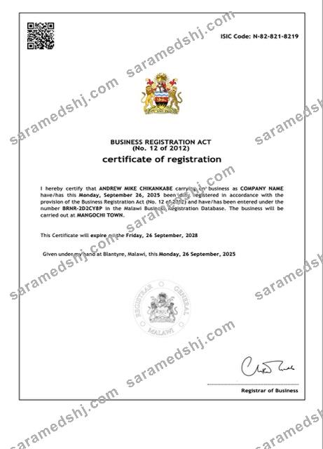 Malawi certificate of registration Word and PDF template
